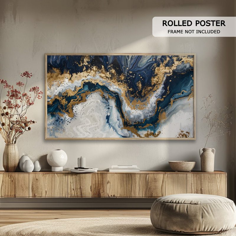Géode abstraite, reproduction d'art sur toile ou marbre doré et bleu, H 30 po x l 60 po, Impression sans cadre