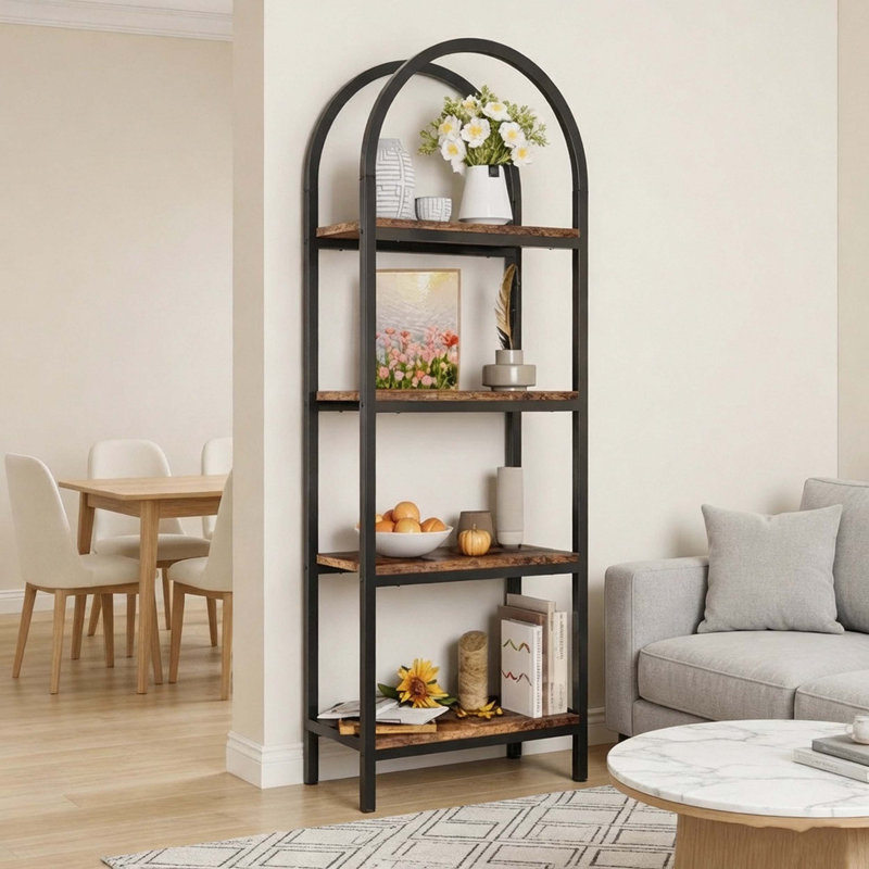 Bibliothèque à 4 niveaux avec tablettes arquées et tablettes de rangement, Noir