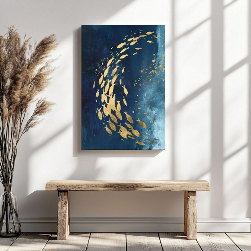 Impression sur toile encadrée 1 pièce, école de poissons dorés, vortex de mer profonde, expressionnisme abstrait, décoration murale parfaite pour chambre à coucher, salon, bureau, cuisine, salle de bain, décoration murale idéale