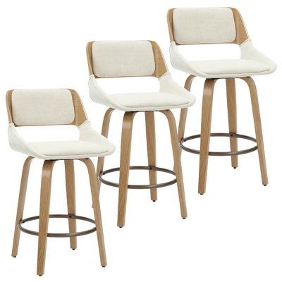 Agawam Mid-Century Modern Fabric and Wood 26" Counter Stool with Swivel, Set of 3 - Beige and Natural