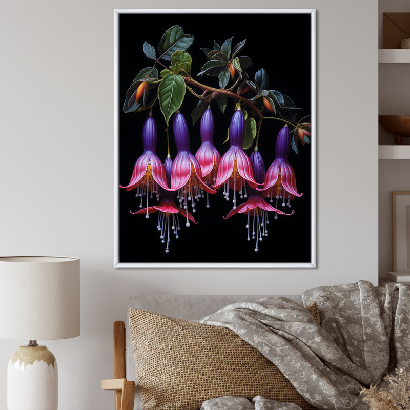 Fleurs mauves en cascade - Fuschia, Cadre flottant blanc, H 20 po x l 12 po