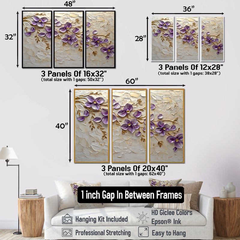 Ensemble de salon mauve lilas mauves et fleurs dorées Melody I, Toile avec cadre flottant noir, H 40 po x l 60 po x P 1 po