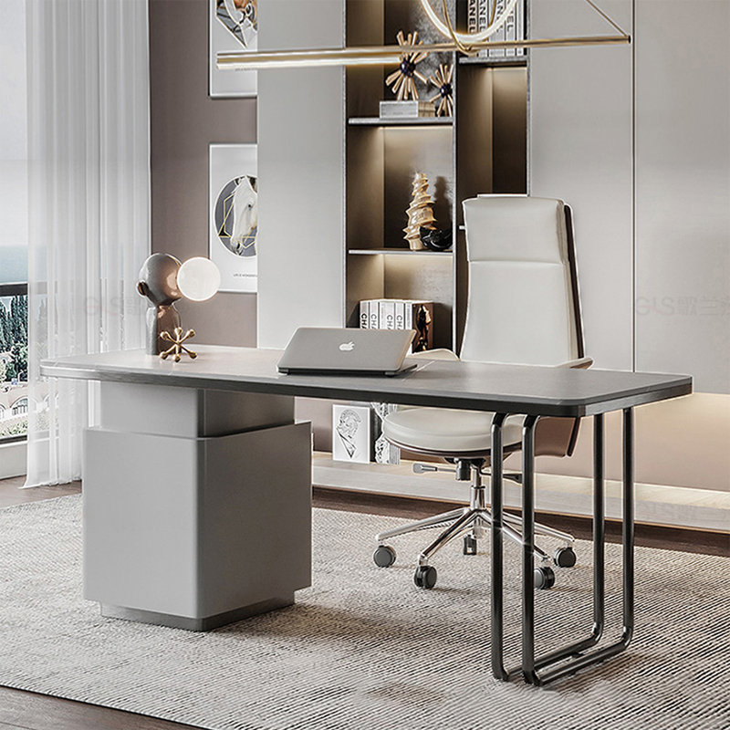 Bureau rectangulaire gris en pierre frittée, bois manufacturé et métal avec tiroirs, H 29,53 po x l 55,12 po x P 27,56 po