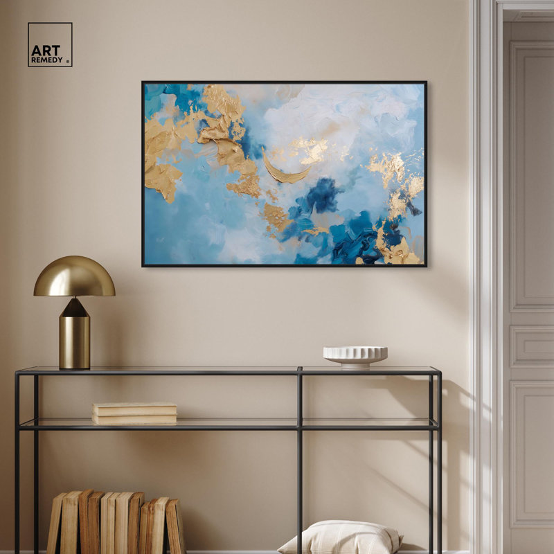 Art abstrait bleu profond sur toile bleu foncé par Art Remedy, Cadre noir, H 31 po x l 46 po