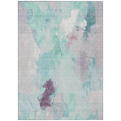 Machine Washable Indoor/Outdoor Xhevrie Teal Rug