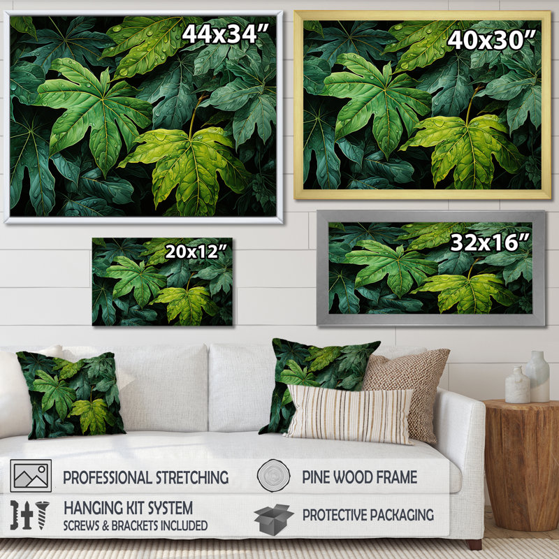 Toile émeraude, forêt tropicale, feuilles I sur toile, H 34 po x l 44 po x P 1,5 po, Cadre doré simple