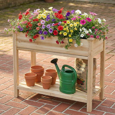 48''W Solid Wood Raised Garden Bed with Water Collection Tray & Storage Shelf, Planter Box with Protective Liner & Drainage Holes for Vegetables Herbs Patio Backyard