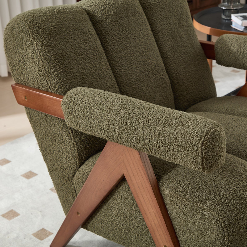 Modern Upholstered Accent Armchair Living Room Chair With Sherpa Arms, Green Sherpa Fabric, 2 Set, Green