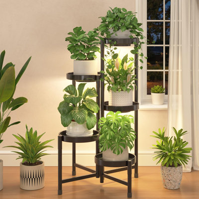 Support pour plante à 5 niveaux, support à fleurs pliable en métal pour l'intérieur et l'extérieur, grande tablette noire pour le salon, le patio, le jardin