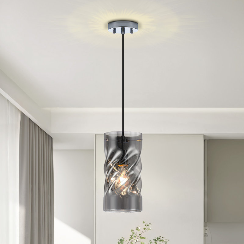 1-Light Pendant Light with Cylindrical Glass Lampshade for Kitchen Island, Gray