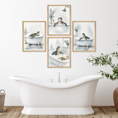 Tortue de mer, salle de bain, spa, relaxation, scène de bain animal, décor de spa vert côtier, ensemble de 4 - décor de salle de bain, de spa, de maison côtière ou de salle d'eau
