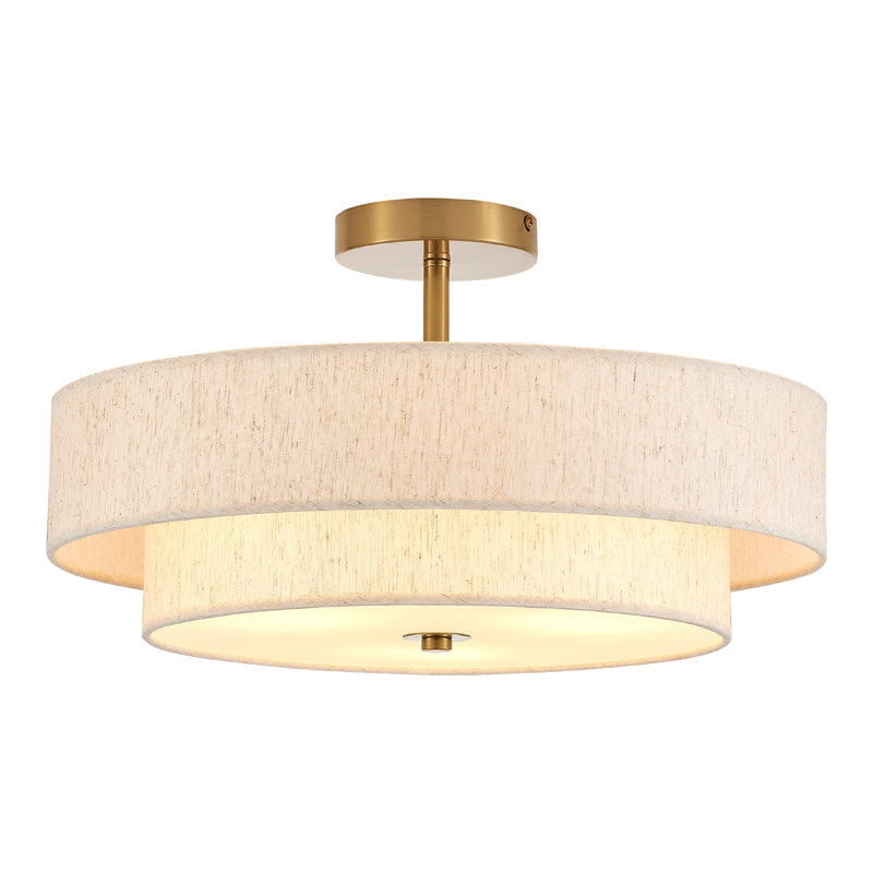 Plafonnier semi-encastré 3 lumières tambour moderne en lin, Doré