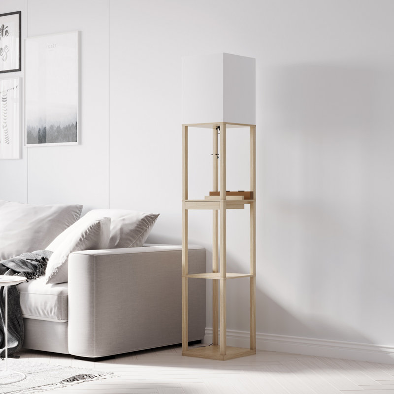 Latitude Run 63" Column Floor Lamp with Outlet and Drawer, Wood Color
