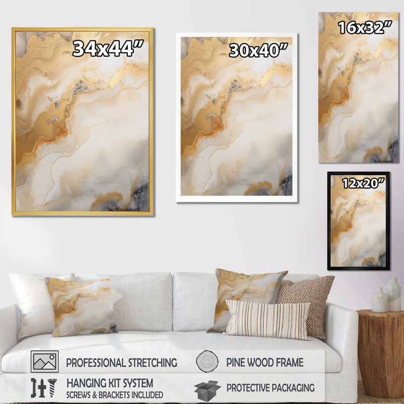 «Abstract Abstract Beige and Gold Geyser Paint III - Abstract Shapes», art mural encadré, Cadre doré simple