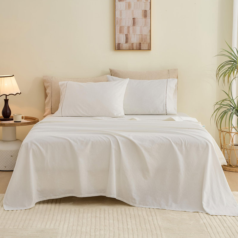 Ensemble de draps French Farmhouse, Ensemble de draps pour très grand lit avec 2 taie, Blanc