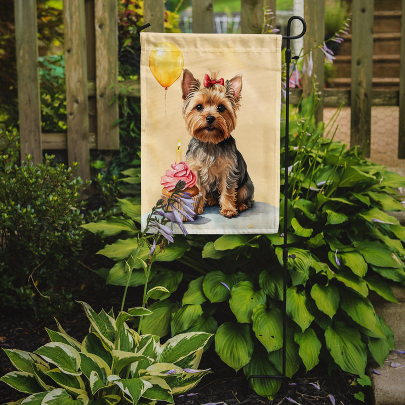 Drapeau de jardin «Happy Birthday», Yorkshire Terrier brun
