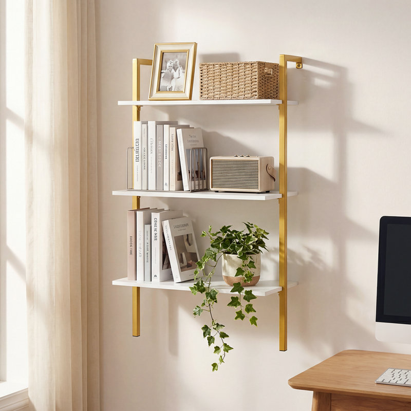2 tablettes murales modernes, étagères flottantes en bois pour la cuisine dorées et blanches, White;Gold