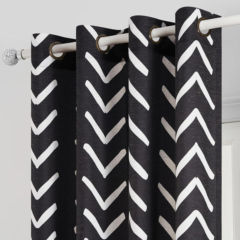 Black and White Pattern Linen Curtains,Room Darkening Herringbone Fabric Grommet Drapes,Set of 2, 52'' W x 72'' L