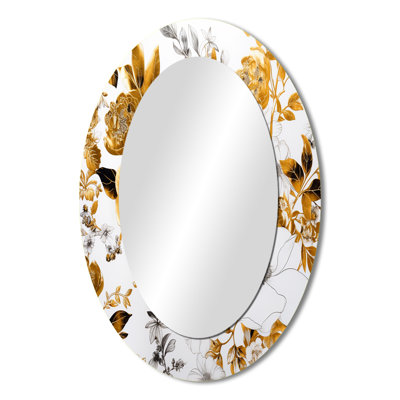Floral Gold Glam Blossoming Wild White Roses II - White Traditional Oval Wall Mirror