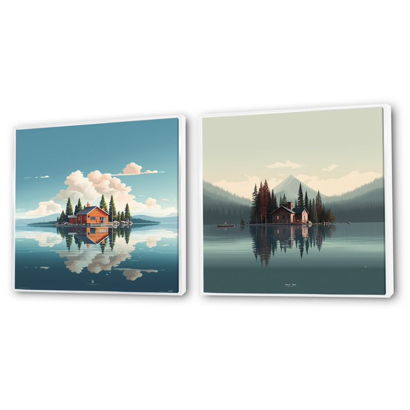 Scenic Lake House Tranquility - Lakes Lakehouse, ensemble de 2 collages carrés, Cadre flottant blanc, H 36 po x l 73 po