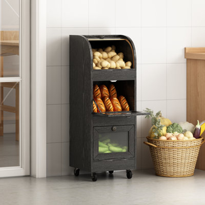 3 Tier Potato Storage Bin, 38" High Roll Top Bread Box, Movable Wooden Onion Storage With Wheels And Wire Mesh Ventilation, Vegetable Organization Cabinet For Kitchen