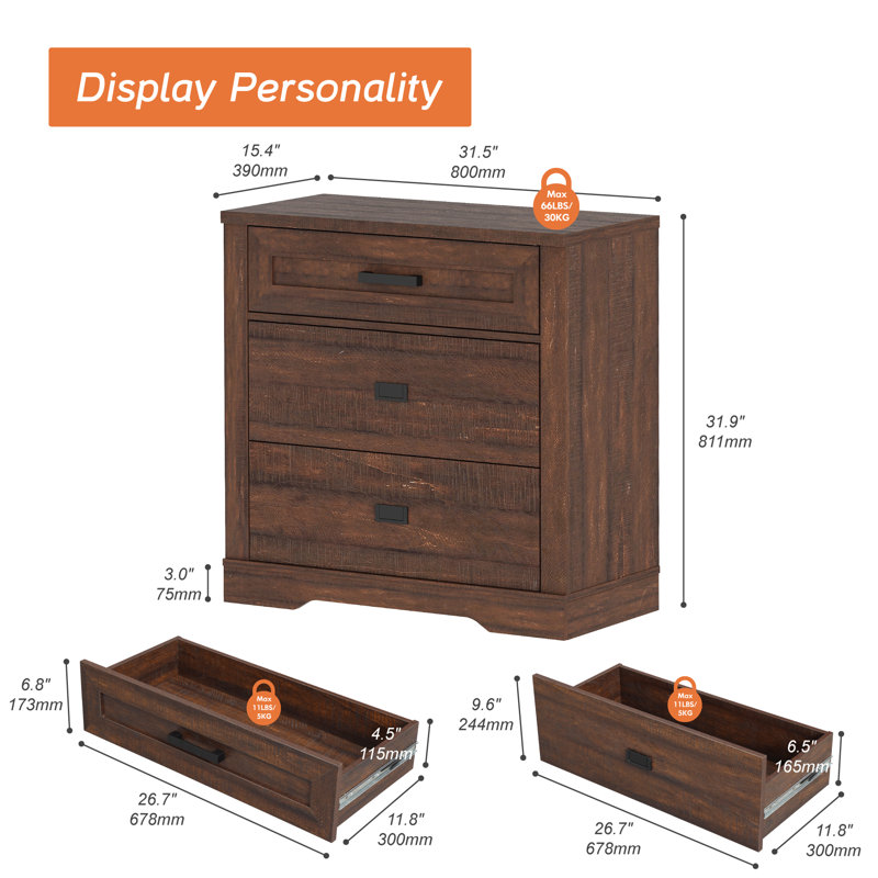 Laziza Modern Farmhouse Wooden 3-Drawer Dresser For Kids, Brown