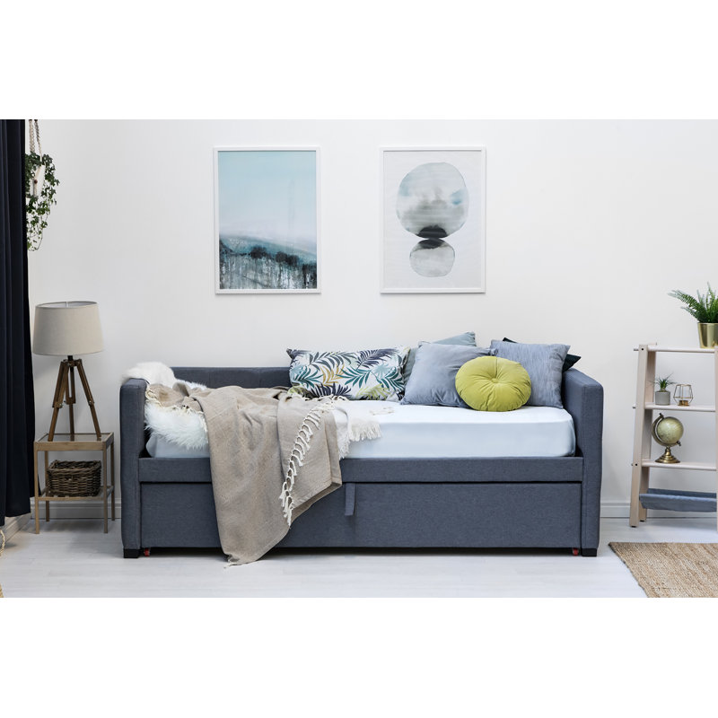 Adona Upholstered Daybed with Trundle and Mattress, 12cm Single Memory Foam, 12cm Single Memory Foam