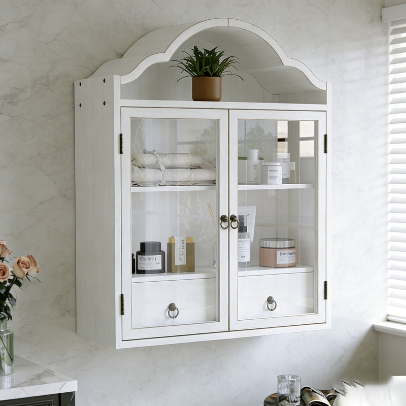 Solid Wood Wall Cabinet with Elegant Wave, White