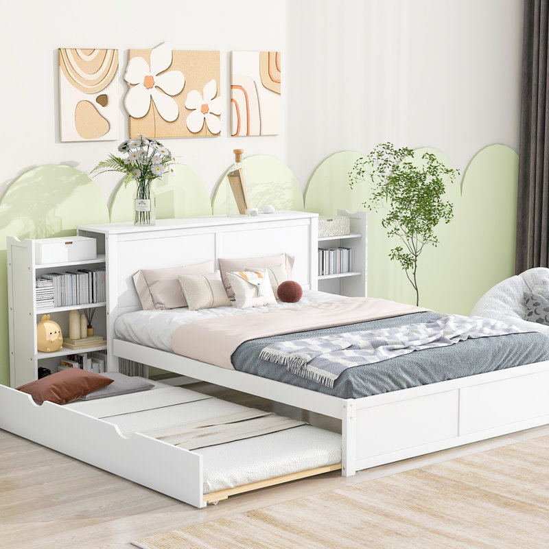Grand lit plateforme blanc avec tablettes coulissantes et lit gigogne simple TG