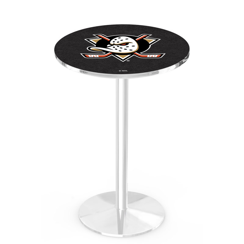 NHL Round Metal Base Dining Table, Chrome, Anaheim Ducks