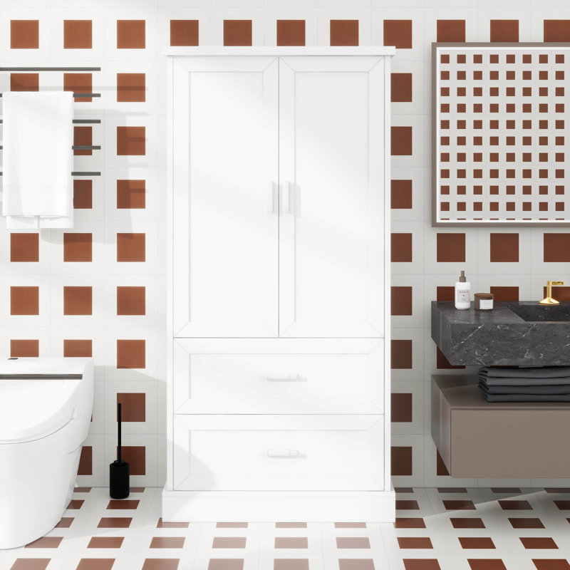 Maximize Space With Tall Bathroom Storage Cabinet, Adjustable Shelf, Two Doors And Drawers, White