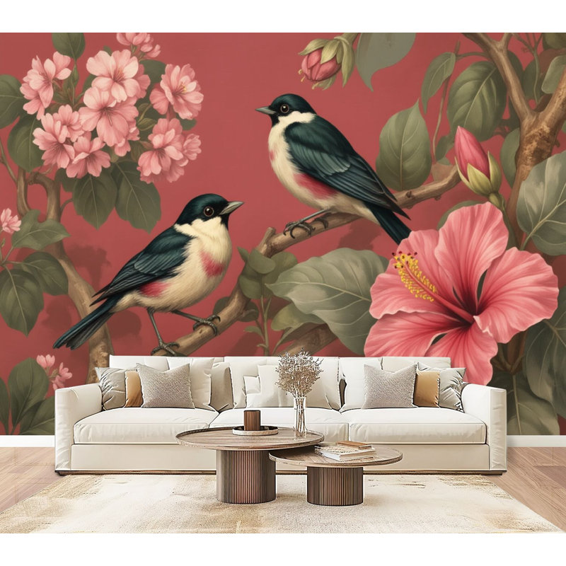 Papier peint adhésif auto-adhésif moderne L 96 "x l 69" Peel and Stick pour chambre à coucher avec deux oiseaux noirs et blancs, branches perchées, fleurs d'hibiscus roses
