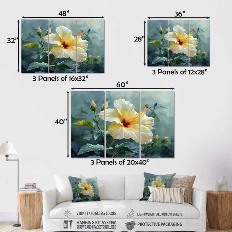 Ensemble de décorations murales jaunes, gris et délicats Hibiscus I - Hibiscus, H 28 po x l 36 po x P 1 po, Métal métal