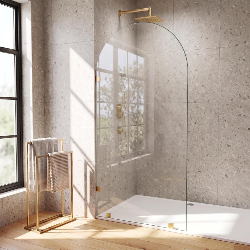 Paroi de douche fixe l 36 po x H 80 po, panneau de verre arqué avec verre trempé transparent de 3/8 po, panneau de verre simple sans cadre, porte de douche à l'italienne, or brossé