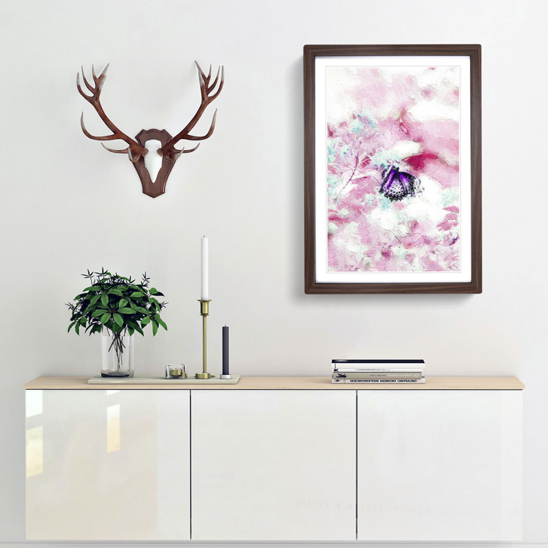 A Butterfly Upon A Flower In Abstract - Single Picture Frame Painting, 63cm H x 45cm W x 2cm D, Walnut Framed