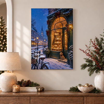 Art mural sur toile, "Snowy Street" avec fenêtre de boulangerie éclairée et Noël assis