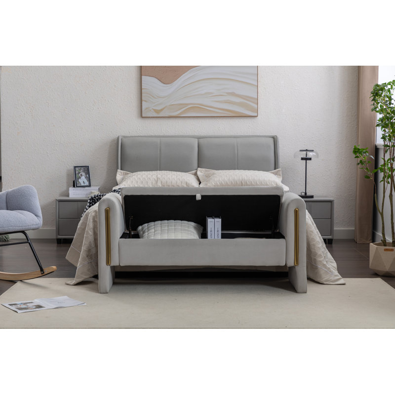 Banc de rangement en velours avec bande de garniture en métal pour le salon, Gris clair