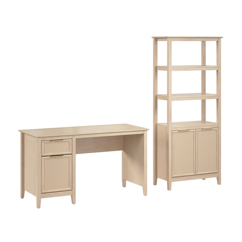 54W Fluted Office Desk With Storage And 5 Shelf Bookcase With Doors, Home Office Furniture, Tan