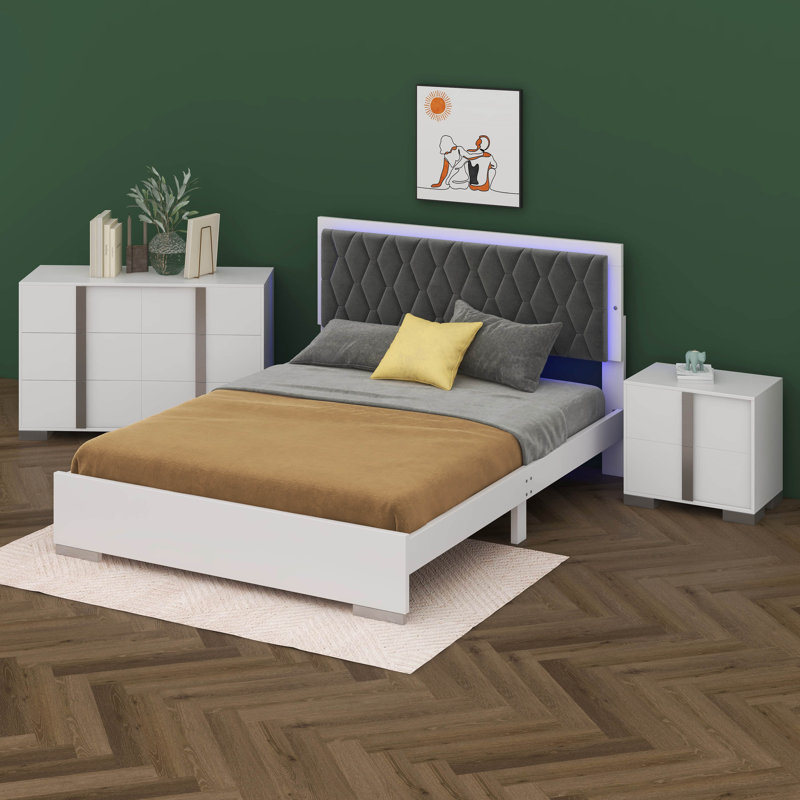  Ensembles de chambre à coucher 4 pièces pour grand lit Cyinthia avec tables de chevet et commode en miroir, Blanc