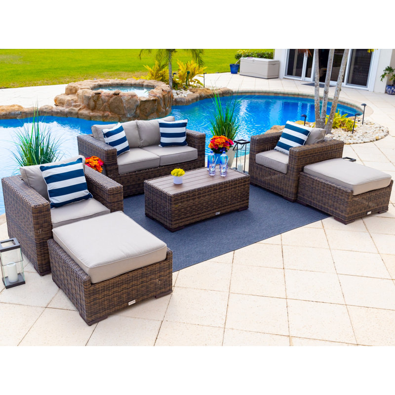 Tuscany Collection In Brown Wicker 14 - Person Patio Conversation Set with Cushions, Light Gray