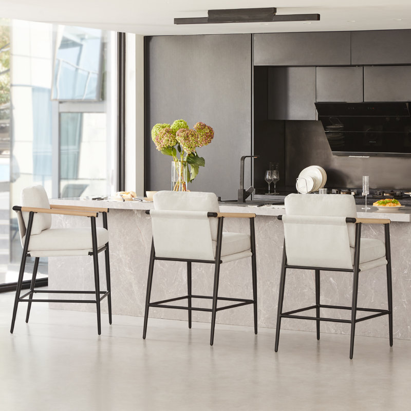 Beige Upholstered Counter Stools with Metal Frame and Wooden Armrests