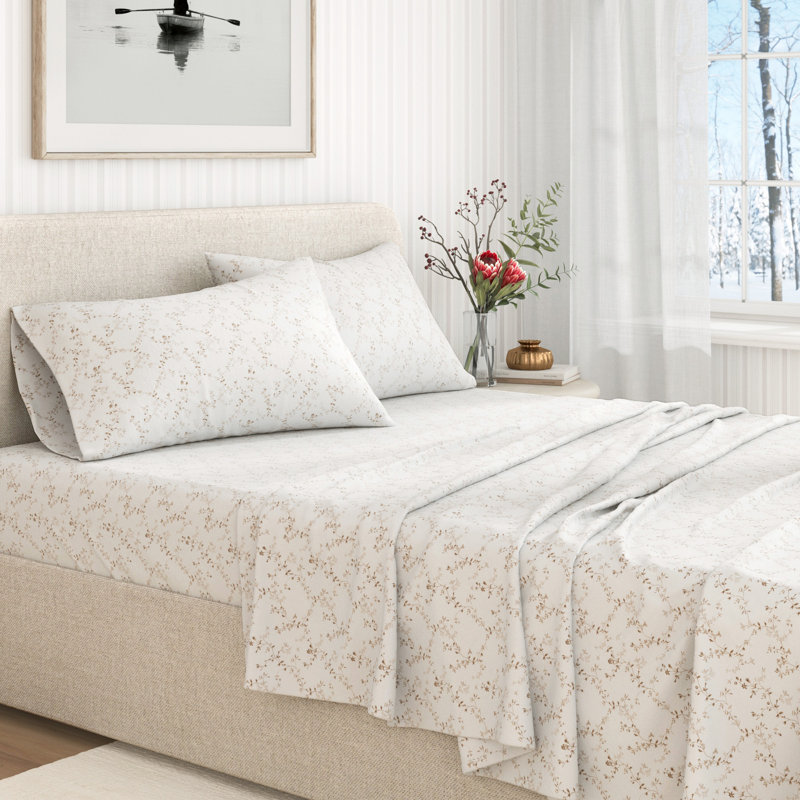 Ensemble de draps 100% flanelle de coton, Vines d'hiver brun clair floral, Ensemble de draps pour grand lit avec 2 taies d'or