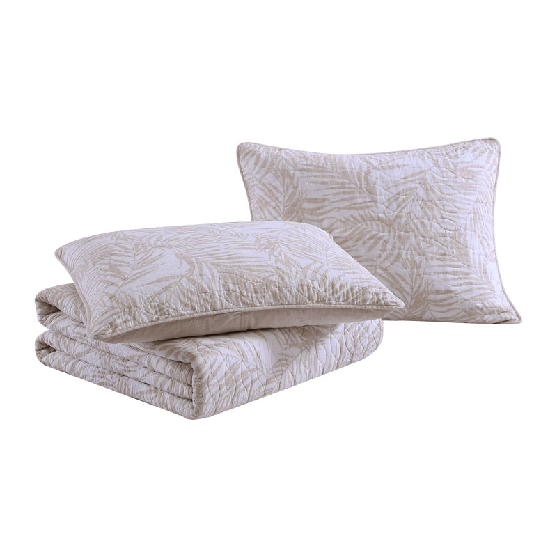 Beige Cotton Reversible Full Quilt Set with Fern Design