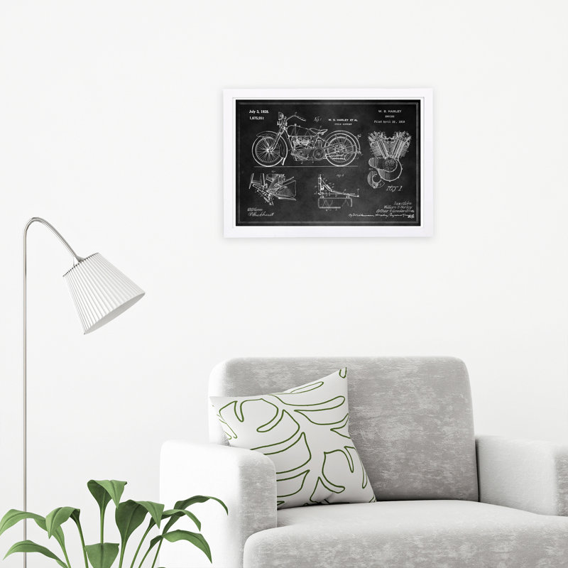 «Harley Engine 1923 Set Horiz Chalkboard», impression encadrée, H 19 po x l 13 po x P 0,75 po, Cadre blanc