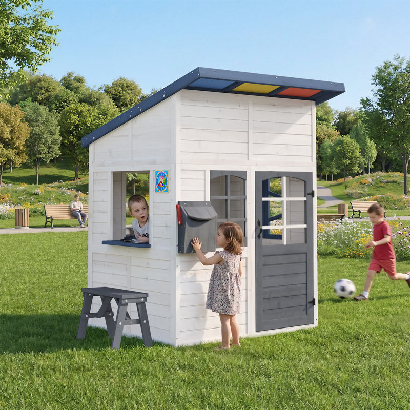 Maisonnette pour enfants, maisonnette en bois massif avec toit en acrylique coloré, fenêtre latérale, banc et ensemble de cuisine