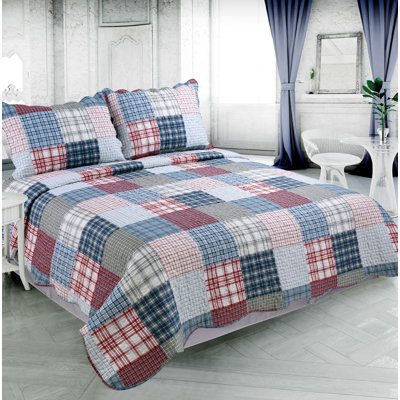Marina Decoration Home Bedroom Bedding Stitching Coverlet Bedspread Ultra Soft 3 Piece Summer Printed Quilt Set with 2 Quilted Shams, Modern Multi Color Plaid Pattern King Size