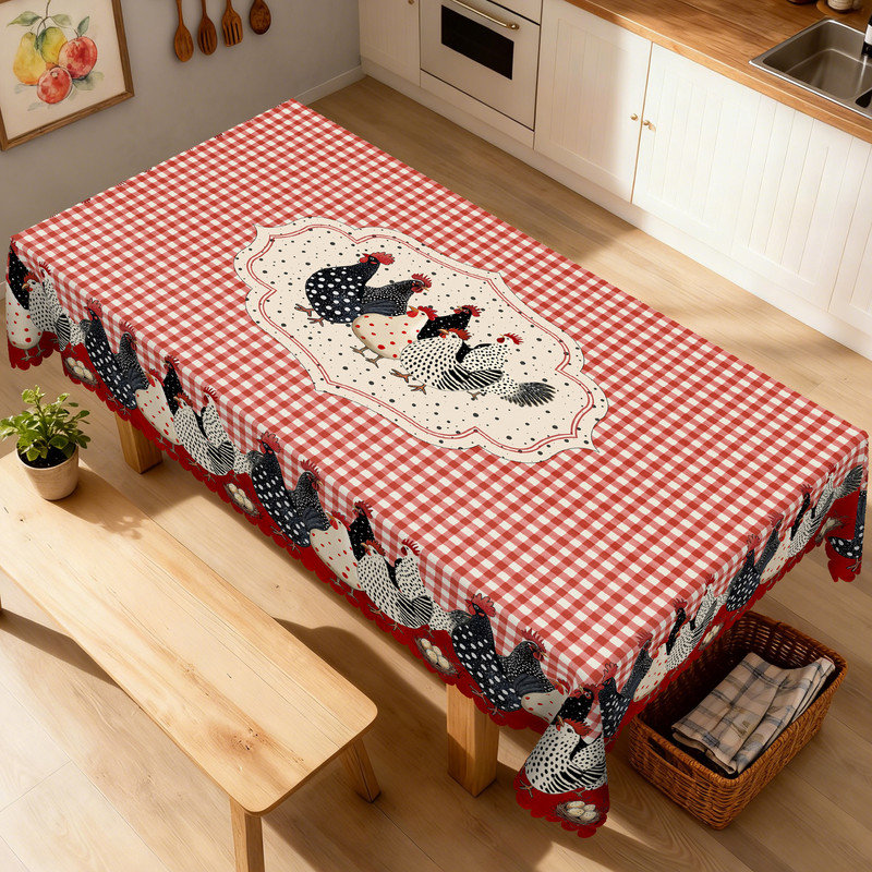 checkered polyester tablecloth with rooster design, machine washable, 70.8" L x 55.12" W