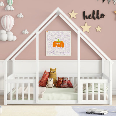 Full Wood House-Shaped Floor Bed With Fence, Guardrails