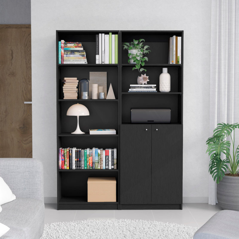 Layton 2 Piece Home Bookcase Set, 49" Wide With 8 Shelves And Double Door Cabinet, Living Room Set Black, Black