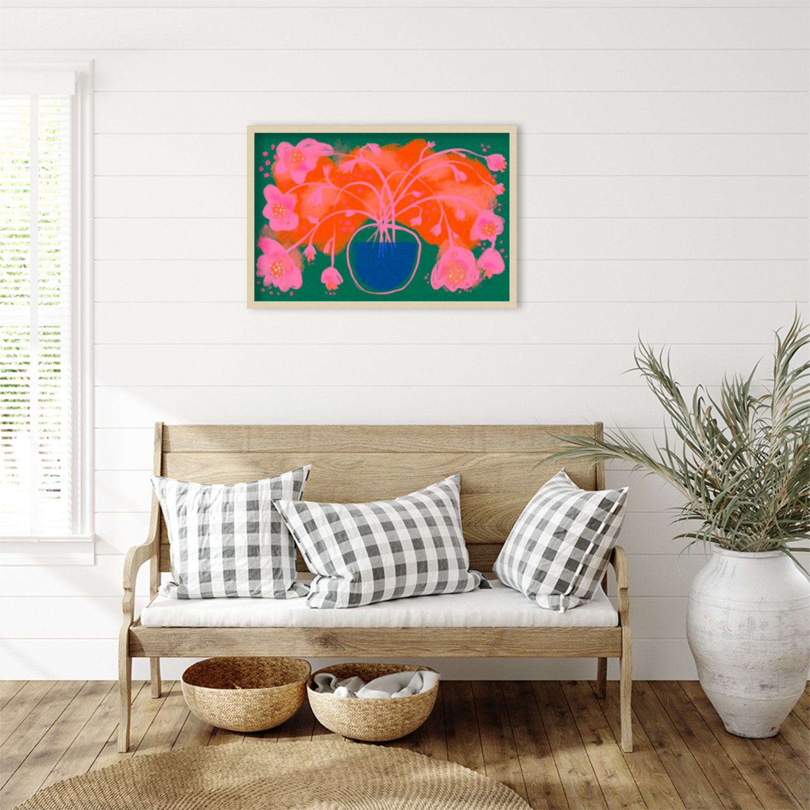 Pink Flower Bouquet by Treechild  Wood Framed Wall Art Print, Brown, 23" H x 33" W